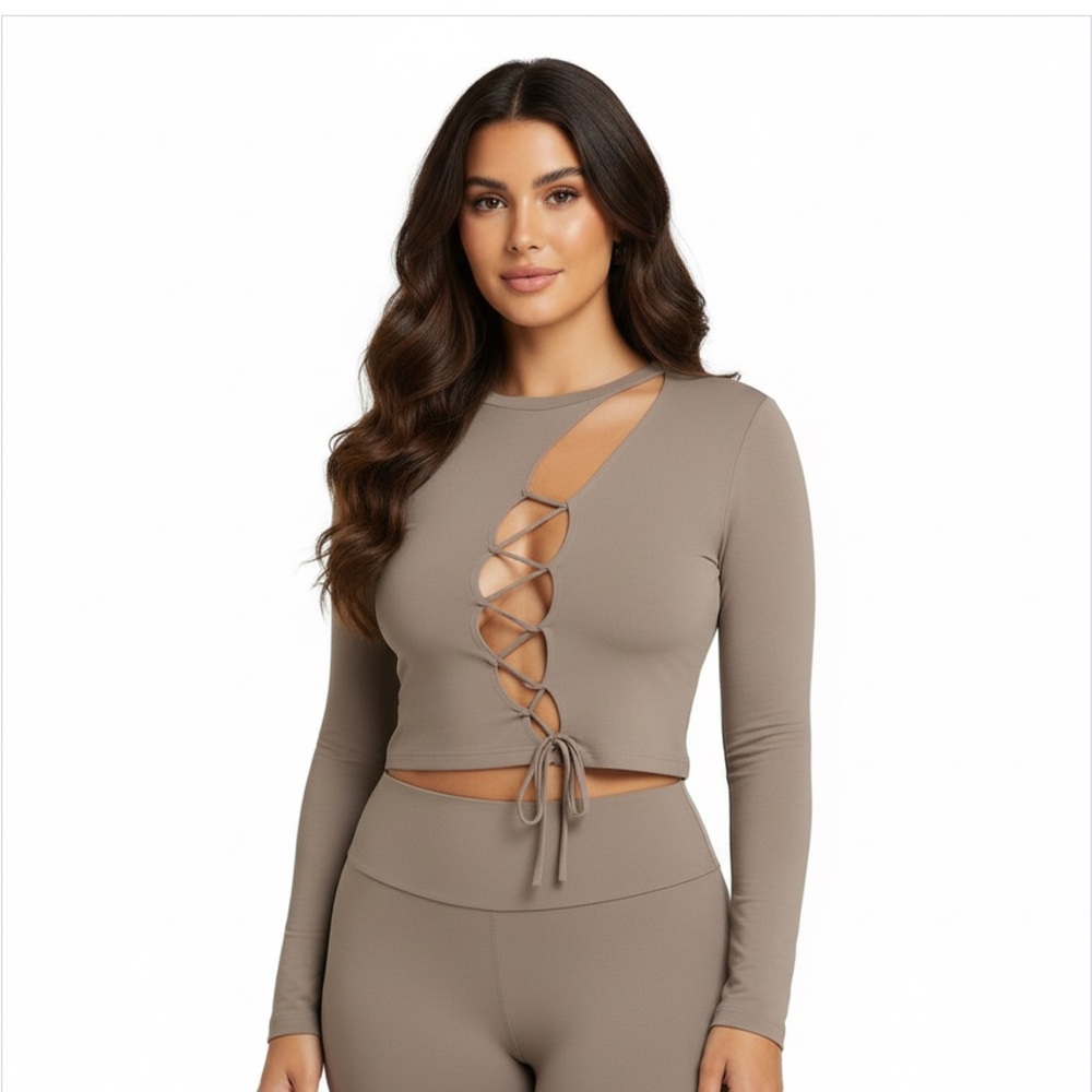 Skims Chrome Cut Out Lace Up Long Sleeve Top, Size 2X NWT